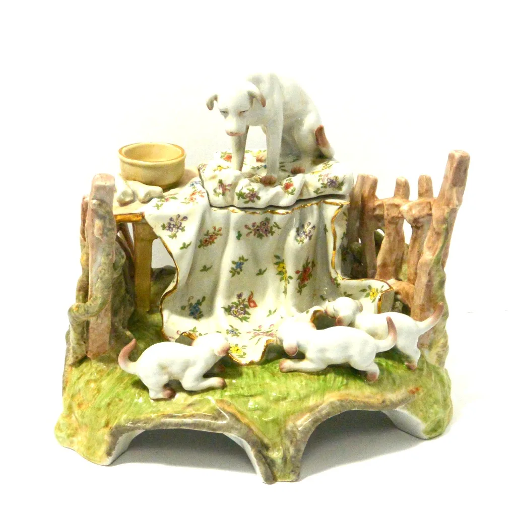Rare Antique Conta & Boehme Porcelain Dog & Puppies Figural Inkwell &ndash; Circa Early 1900s