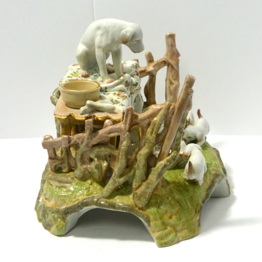 Rare Antique Conta & Boehme Porcelain Dog & Puppies Figural Inkwell &ndash; Circa Early 1900s - Image 6
